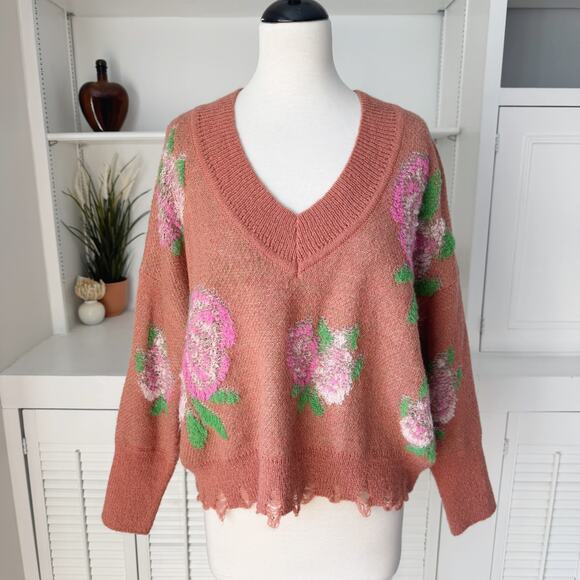 Anthropologie Rust Rose Distressed Drop Shoulder V-Neck Sweater Size S - Picture 2 of 8